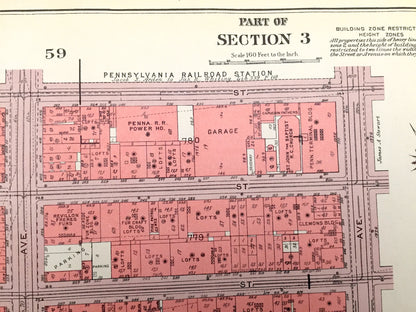 Antique Manhattan, New York Map from Bromley's 1955 Manhattan Land Book – Chelsea Park, West Side, Garment District, Midtown, NYC NY