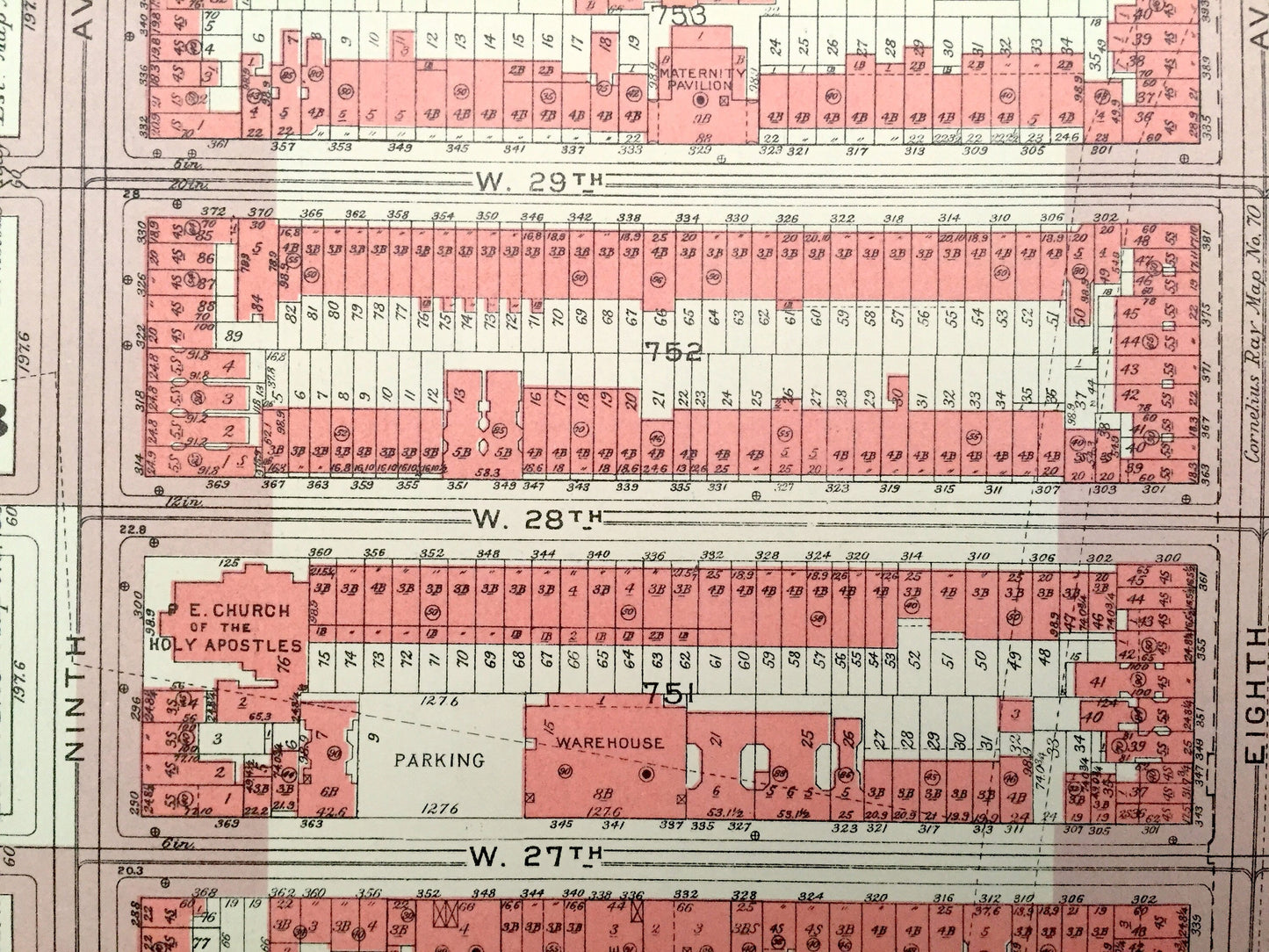 Antique Manhattan, New York Map from Bromley's 1955 Manhattan Land Book – Chelsea Park, West Side, Garment District, Midtown, NYC NY
