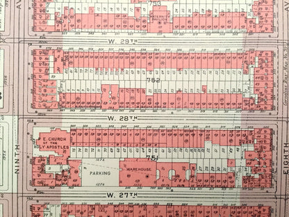 Antique Manhattan, New York Map from Bromley's 1955 Manhattan Land Book – Chelsea Park, West Side, Garment District, Midtown, NYC NY