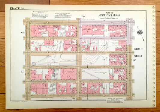 Antique Manhattan, New York City Map from Bromley's 1955 Manhattan Land Book – Midtown, Clinton, Chelsea, Garment District, Lincoln Tunnel