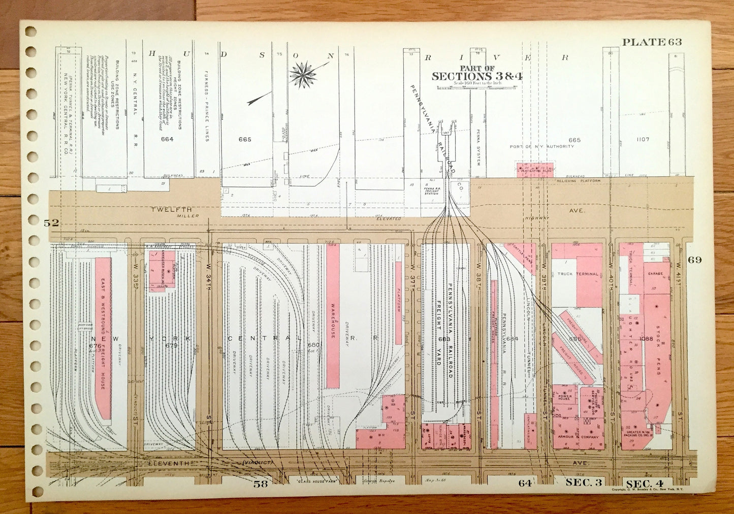 Antique Manhattan, New York City Map from Bromley's 1955 Manhattan Land Book – Midtown, Clinton, Chelsea, Garment District, Lincoln Tunnel