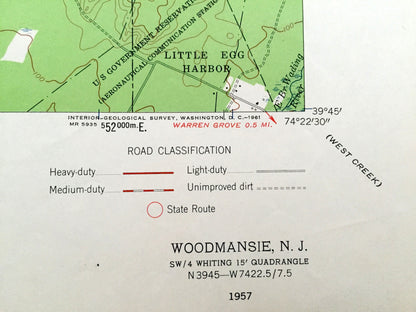 Antique Woodmansie, New Jersey 1957 US Geological Survey Topographic Map – Lacey, Washington, West Plains, Bass River, Little Egg Harbor, NJ