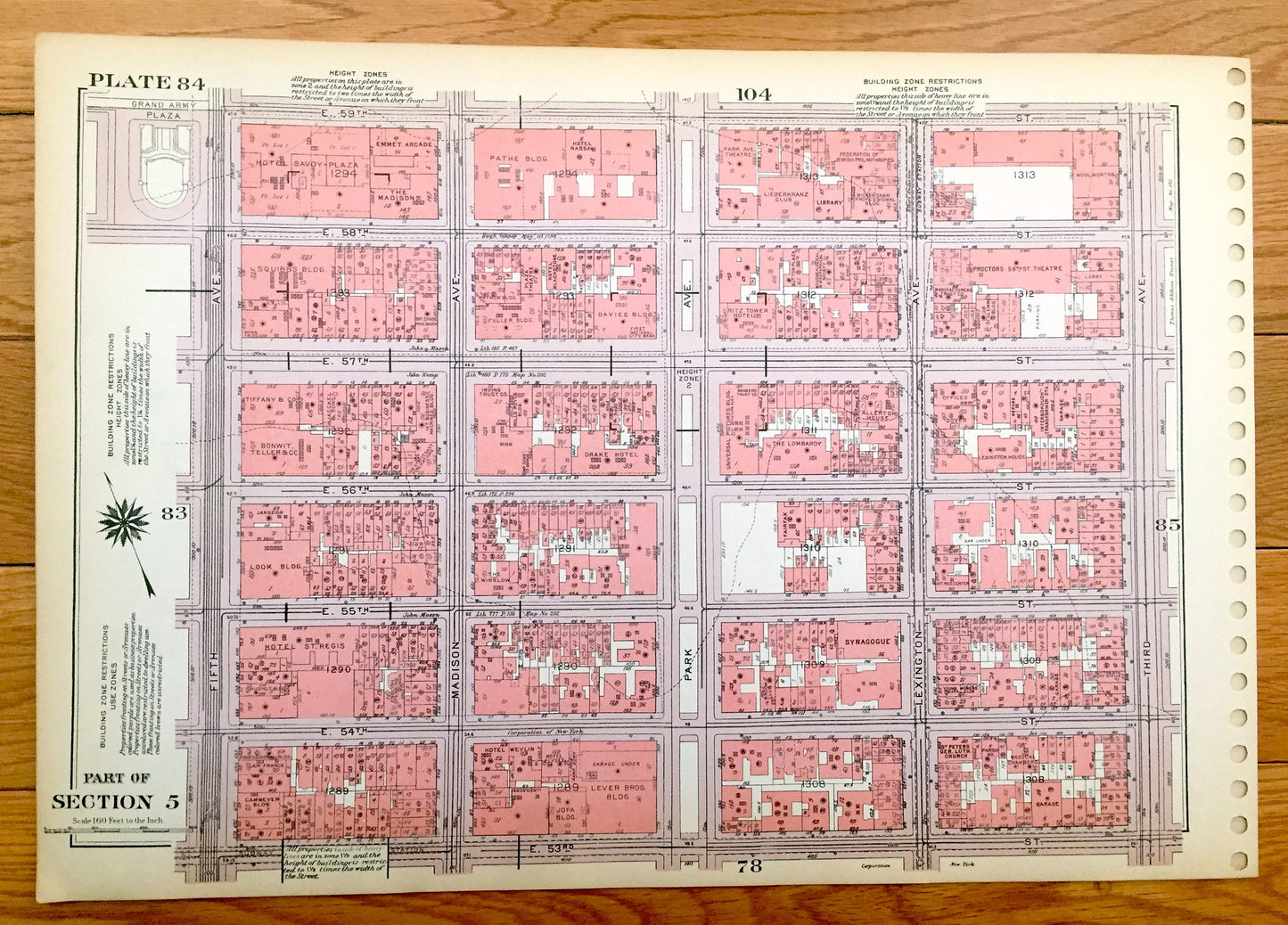Antique Manhattan, New York City Map from Bromley's 1955 Manhattan Land Book – Central Park South, Theater District Midtown East Clinton NYC