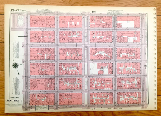 Antique Manhattan, New York City Map from Bromley's 1955 Manhattan Land Book – Central Park South, Theater District Midtown East Clinton NYC