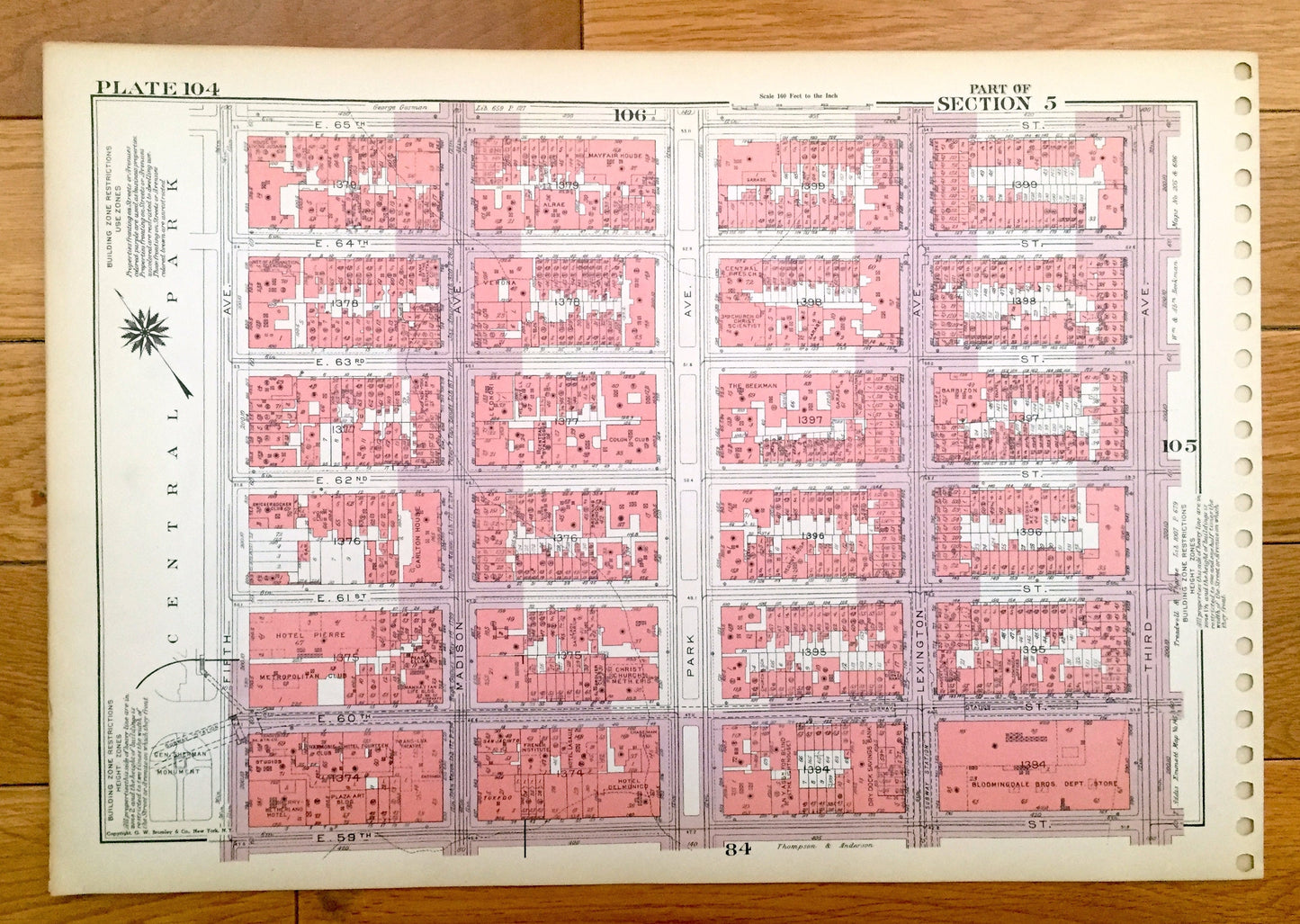 Antique Manhattan, New York City Map from Bromley's 1955 Manhattan Land Book – Upper West Side, Central Park, Valley, Lenox Hill, NYC