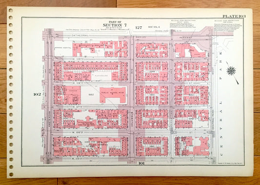 Antique Manhattan, New York City Map from Bromley's 1955 Manhattan Land Book – Upper West Side, Central Park, Valley, Lenox Hill, NYC