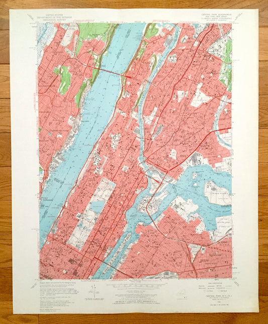 Antique Central Park, Manhattan, New York 1956 US Geological Survey Topographic Map – New Jersey, Hudson River, Bronx, Queens, Harlem