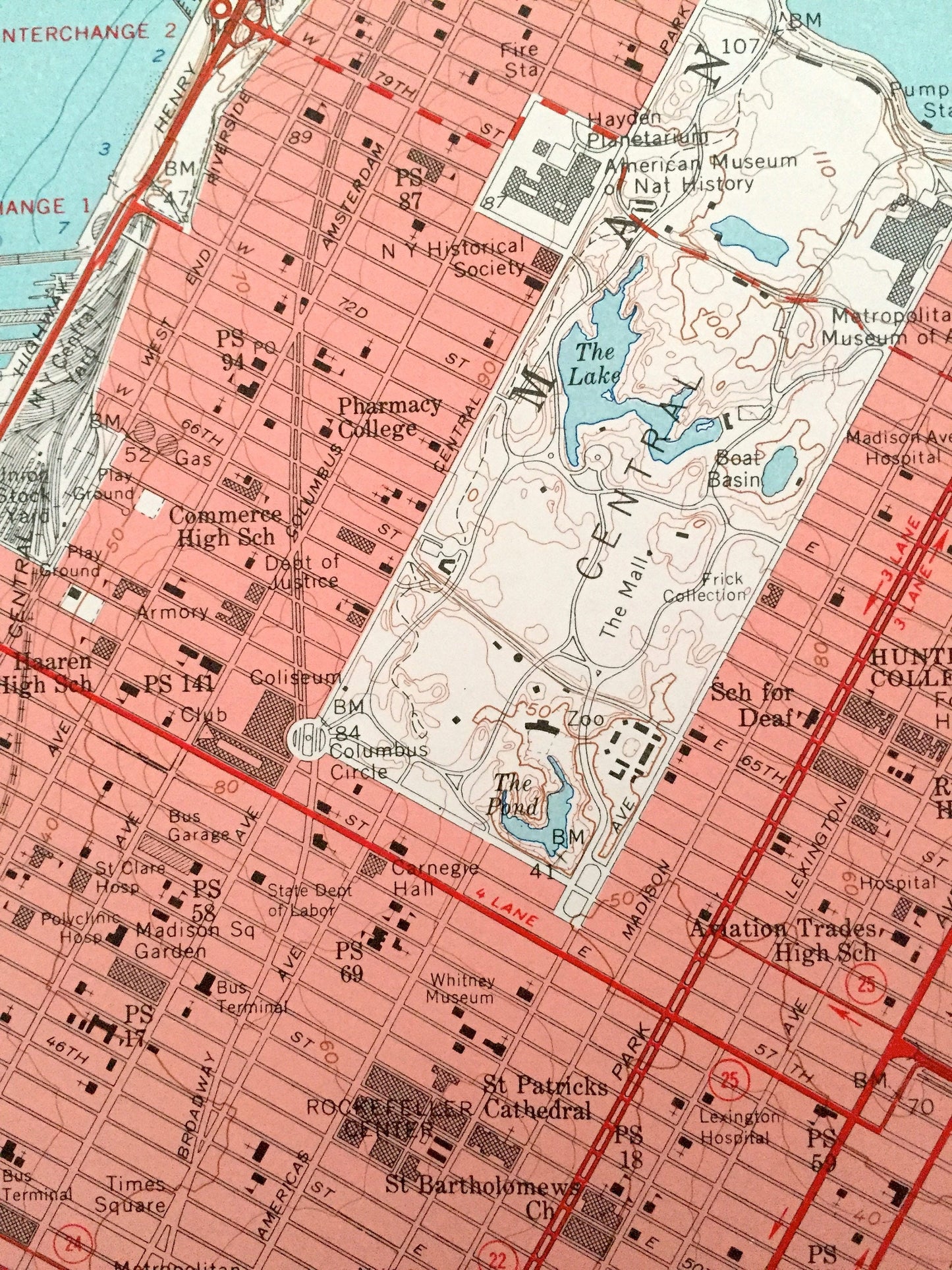 Antique Central Park, Manhattan, New York 1956 US Geological Survey Topographic Map – New Jersey, Hudson River, Bronx, Queens, Harlem