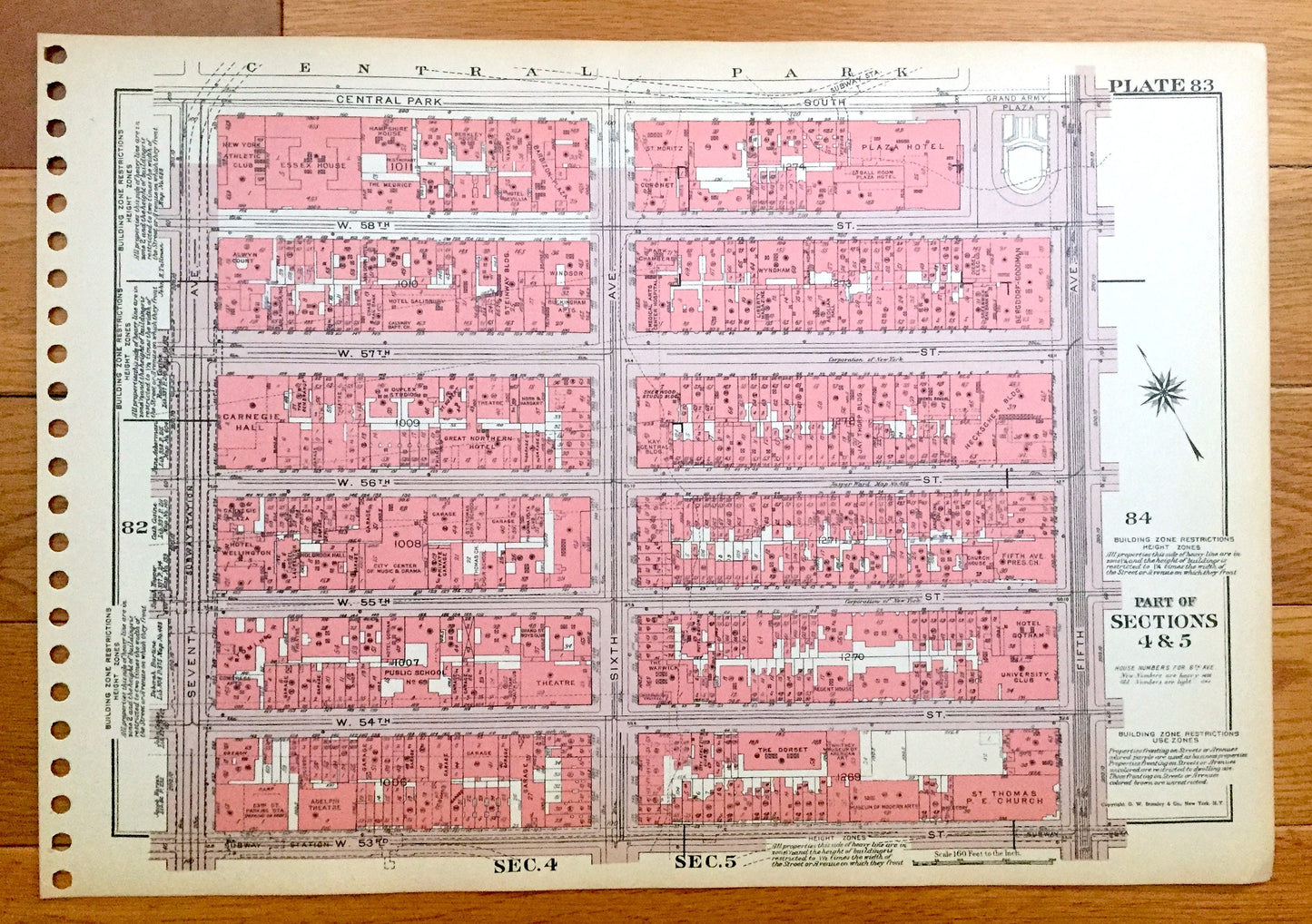 Antique Manhattan, New York City Map from Bromley's 1955 Manhattan Land Book – Central Park South, Theater District Midtown East Clinton NYC