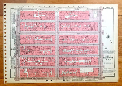 Antique Manhattan, New York City Map from Bromley's 1955 Manhattan Land Book – Central Park South, Theater District Midtown East Clinton NYC