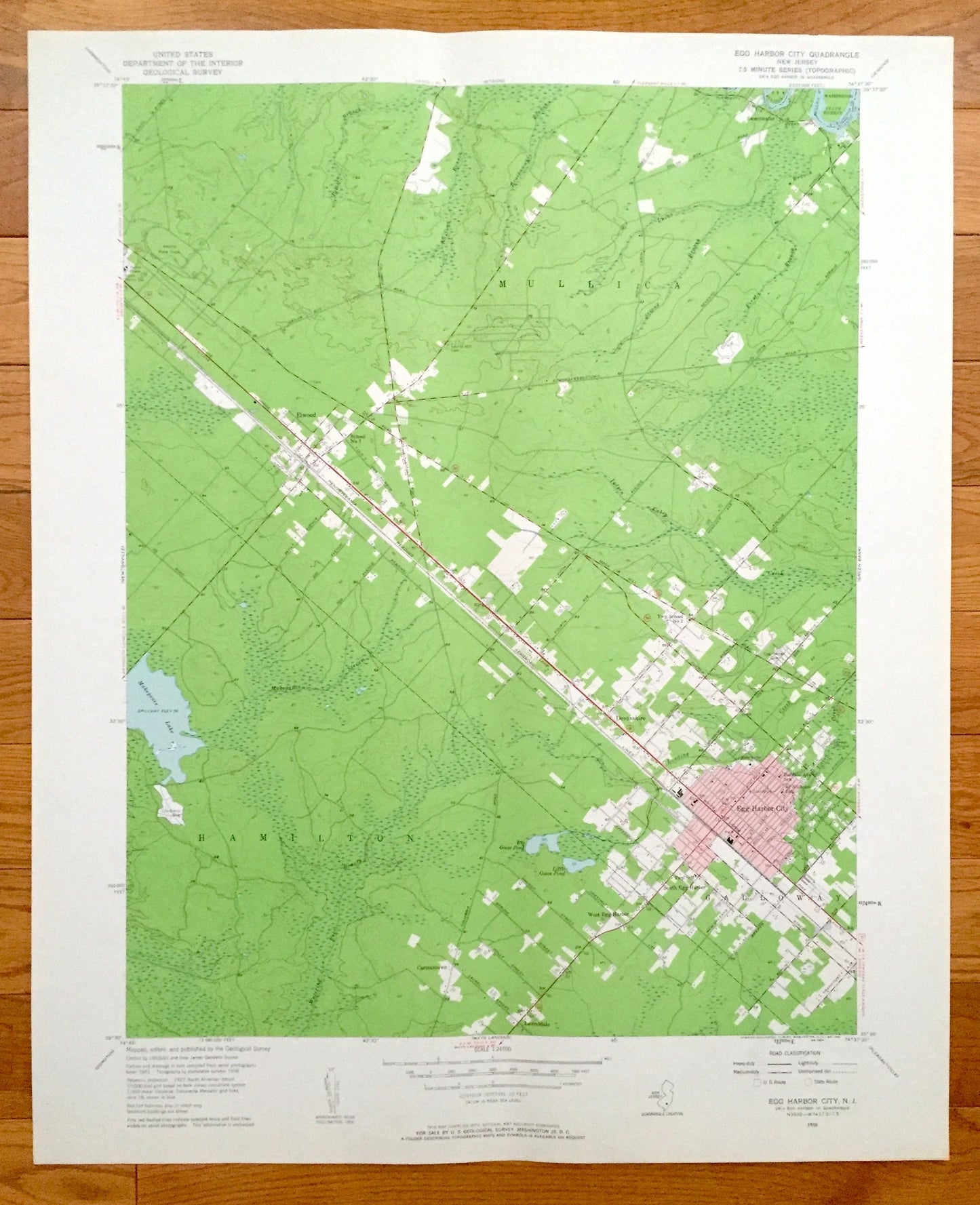 Antique Egg Harbor City, New Jersey 1956 US Geological Survey Topographic Map —  Hamilton, Mullica, Galloway, Devonshire, Elwood