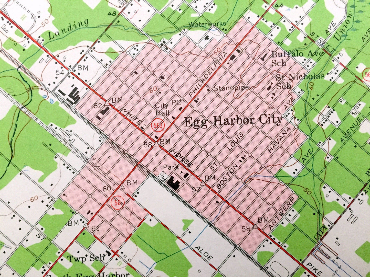 Antique Egg Harbor City, New Jersey 1956 US Geological Survey Topographic Map —  Hamilton, Mullica, Galloway, Devonshire, Elwood