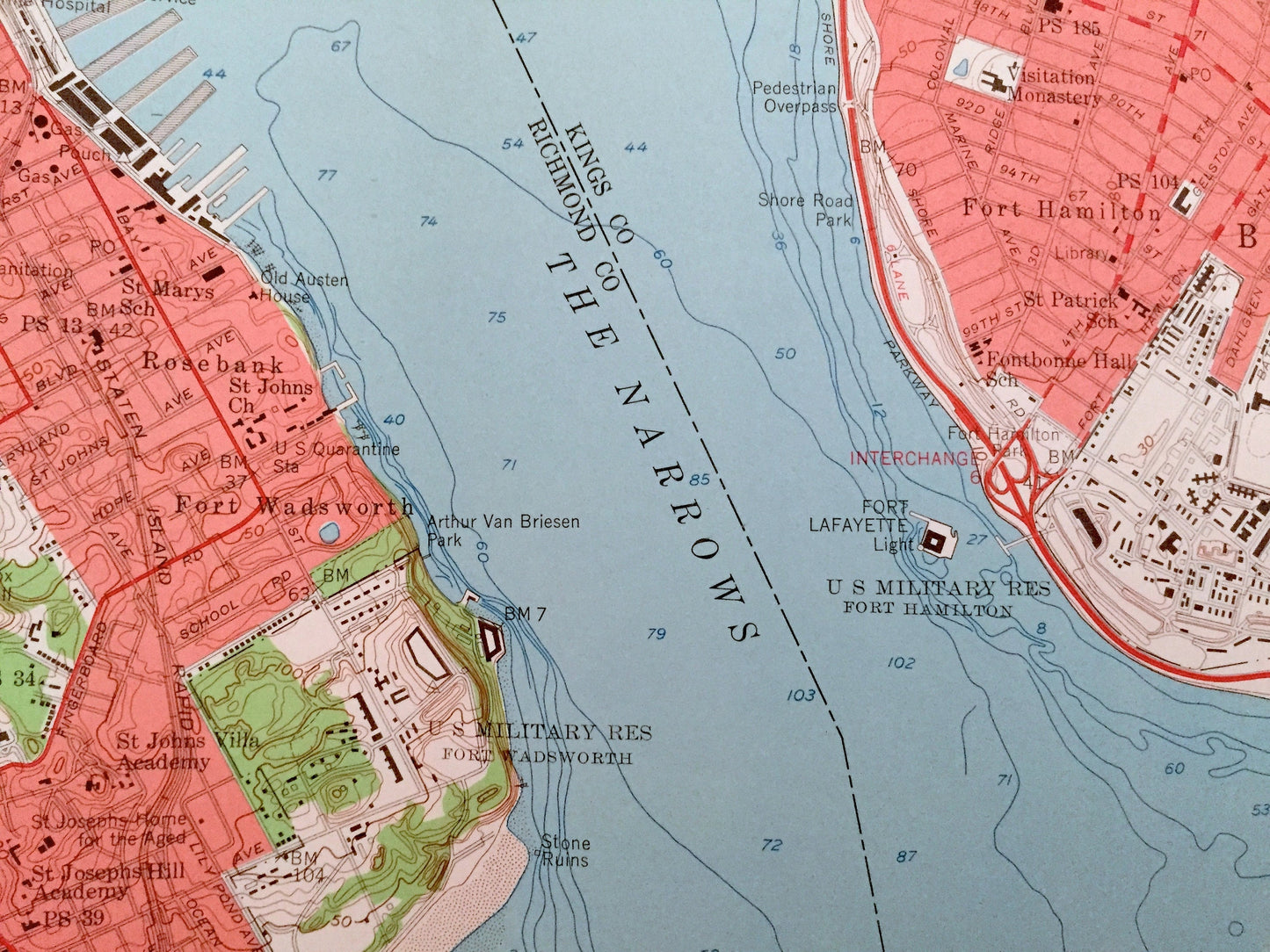 Antique The Narrows, New York 1955 US Geological Survey Topographic Map – Brooklyn, Coney Island, Staten Island, Richmond, New Dorp, NY