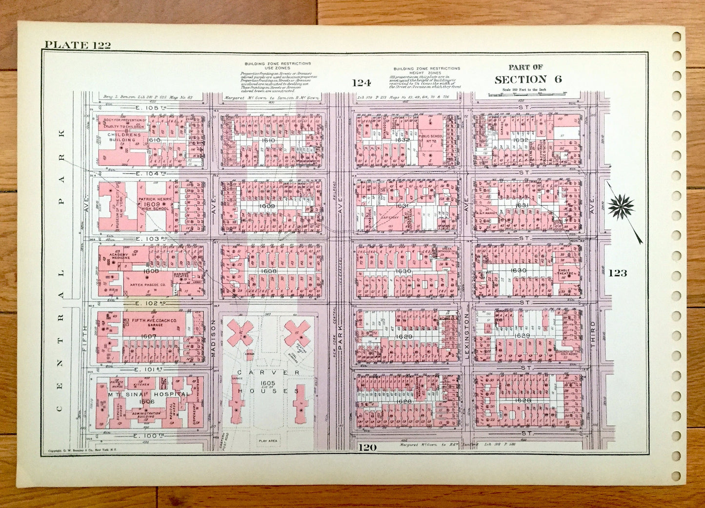 Antique Manhattan, New York City Map from Bromley's 1955 Manhattan Land Book – Harlem, Yorkville, Upper East Side Central Park Carver NYC NY