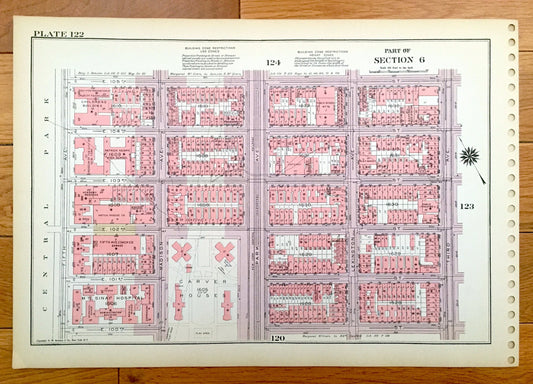 Antique Manhattan, New York City Map from Bromley's 1955 Manhattan Land Book – Harlem, Yorkville, Upper East Side Central Park Carver NYC NY