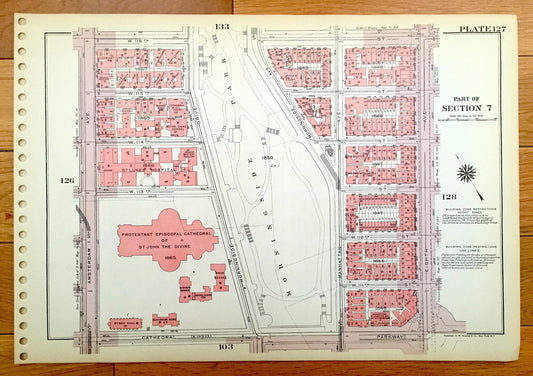 Antique Manhattan, New York City Map from Bromley's 1955 Manhattan Land Book – Morningside Heights, Manhattan Valley Central Park Harlem NYC