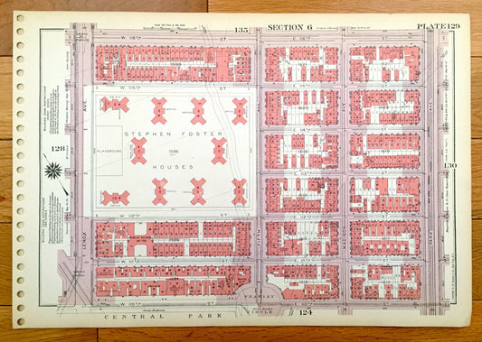 Antique Manhattan, New York City Map from Bromley's 1955 Manhattan Land Book – Harlem, Central Park, Stephen Foster Houses, Frawley NYC NY