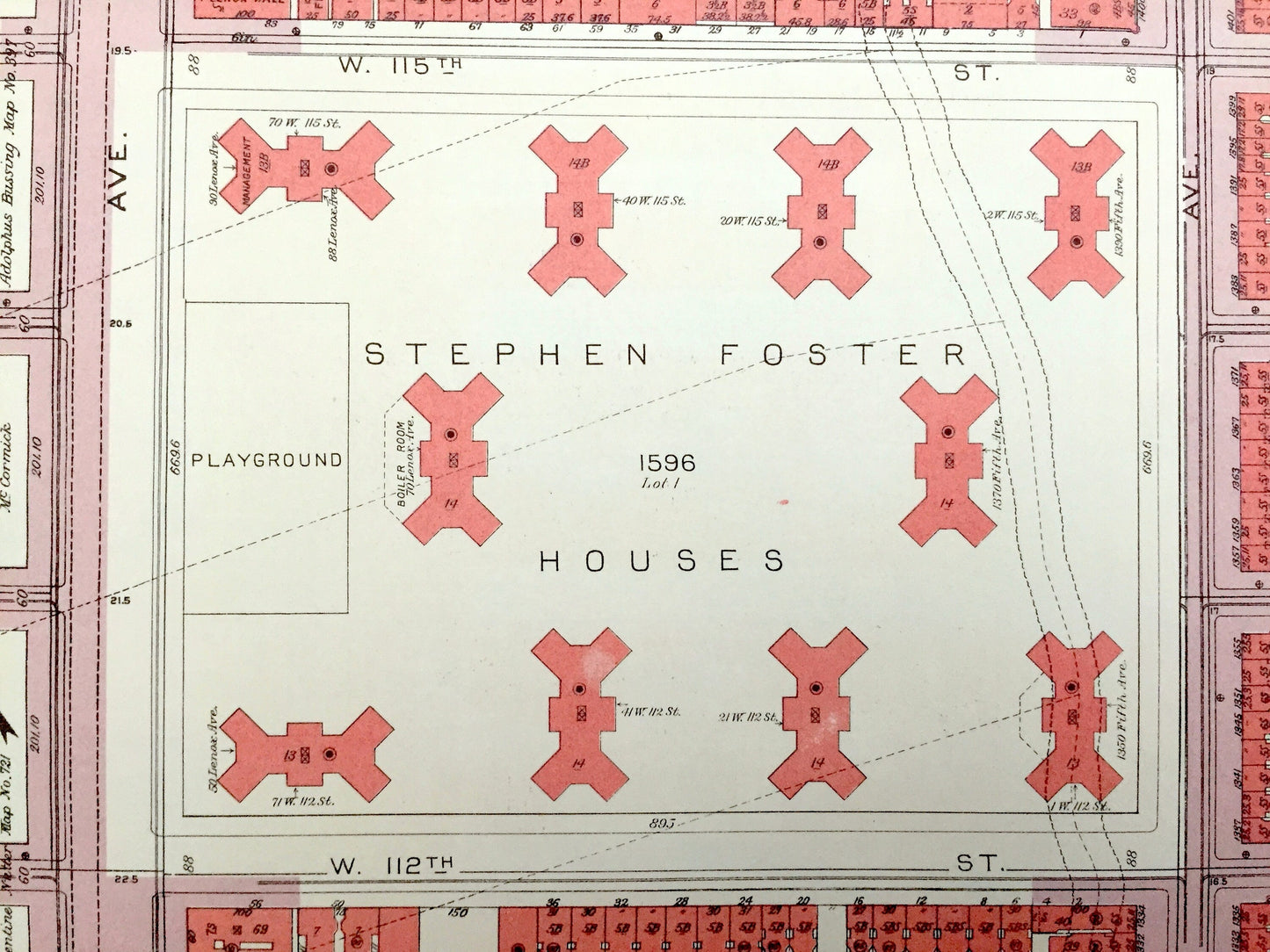 Antique Manhattan, New York City Map from Bromley's 1955 Manhattan Land Book – Harlem, Central Park, Stephen Foster Houses, Frawley NYC NY