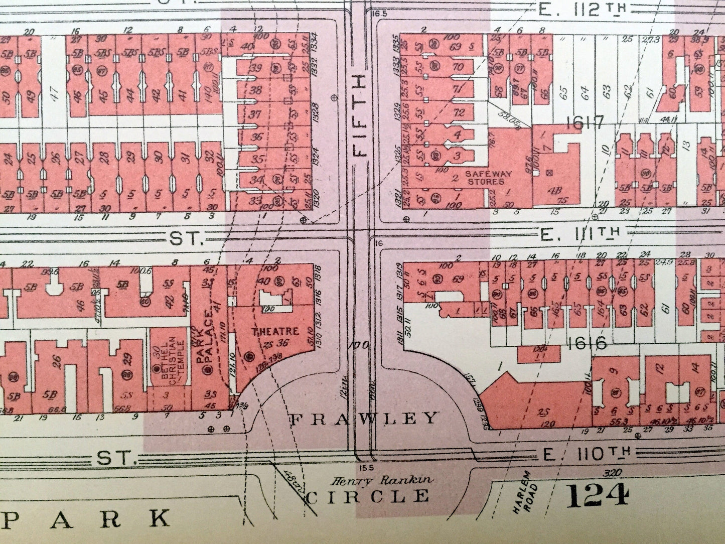 Antique Manhattan, New York City Map from Bromley's 1955 Manhattan Land Book – Harlem, Central Park, Stephen Foster Houses, Frawley NYC NY