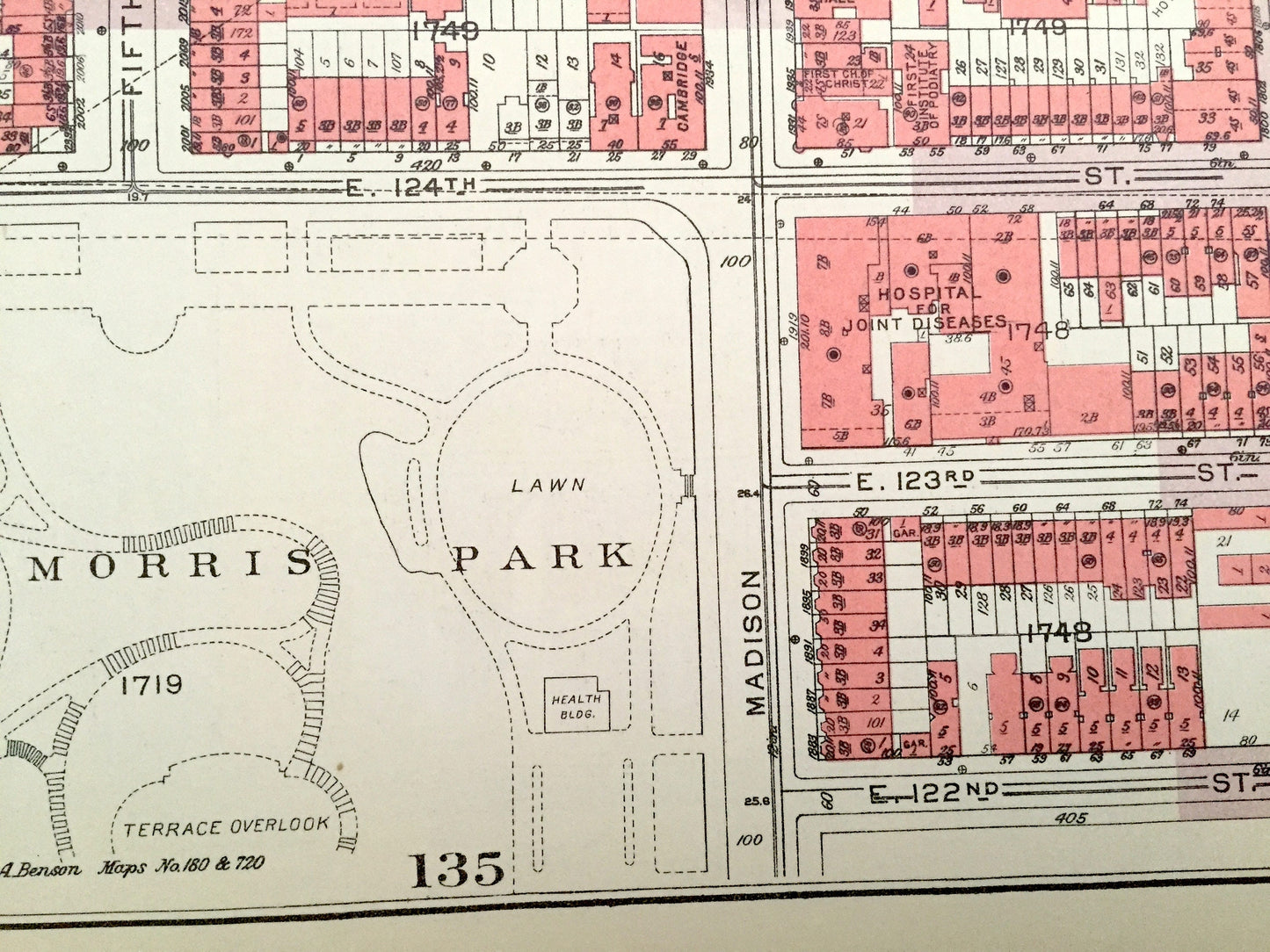 Antique Manhattan, New York City Map from Bromley's 1955 Manhattan Land Book – East Harlem, Marcus Garvey Park, Mount Morris Park, NYC NY