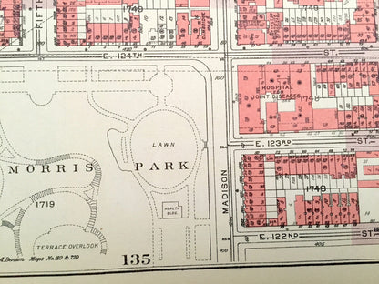 Antique Manhattan, New York City Map from Bromley's 1955 Manhattan Land Book – East Harlem, Marcus Garvey Park, Mount Morris Park, NYC NY