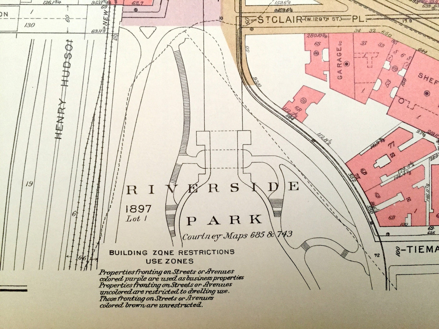 Antique Manhattan, New York City Map from Bromley's 1955 Manhattan Land Book – Harlem Riverside Park Morningside Heights Manhattanville NYC
