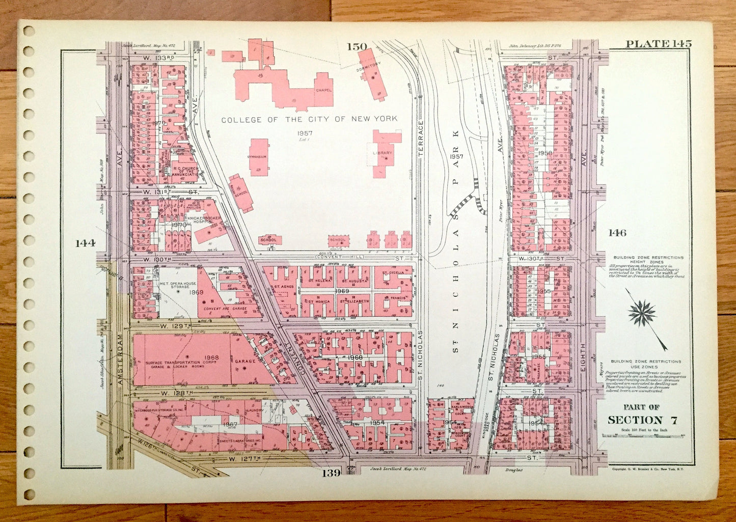 Antique Manhattan, New York City Map from Bromley's 1955 Manhattan Land Book – Manhattanville, Hamilton Heights St Nicholas Park CUNY Harlem