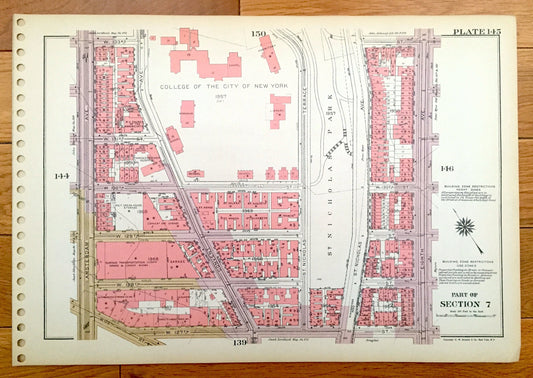 Antique Manhattan, New York City Map from Bromley's 1955 Manhattan Land Book – Manhattanville, Hamilton Heights St Nicholas Park CUNY Harlem