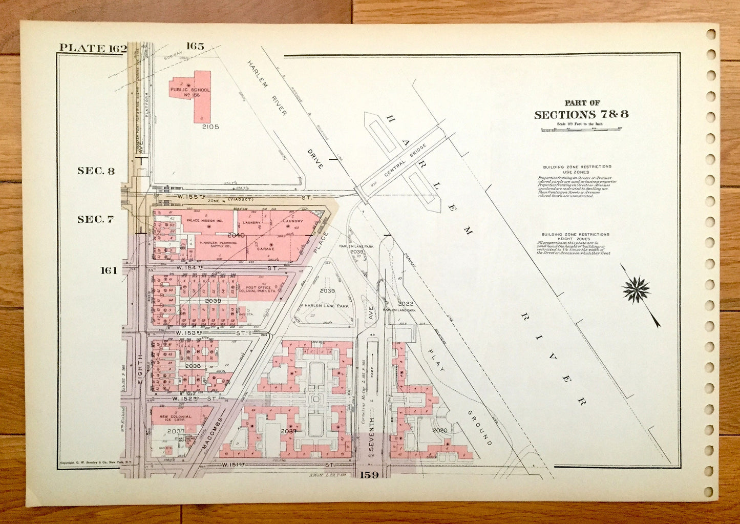 Antique Manhattan, New York City Map from Bromley's 1955 Manhattan Land Book – Harlem, Hamilton, Washington Heights Jackie Robinson Park NYC