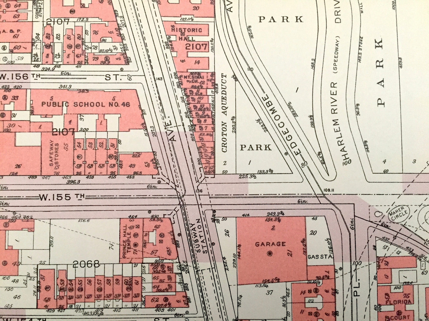 Antique Manhattan, New York City Map from Bromley's 1955 Manhattan Land Book – Harlem, Hamilton, Washington Heights Jackie Robinson Park NYC
