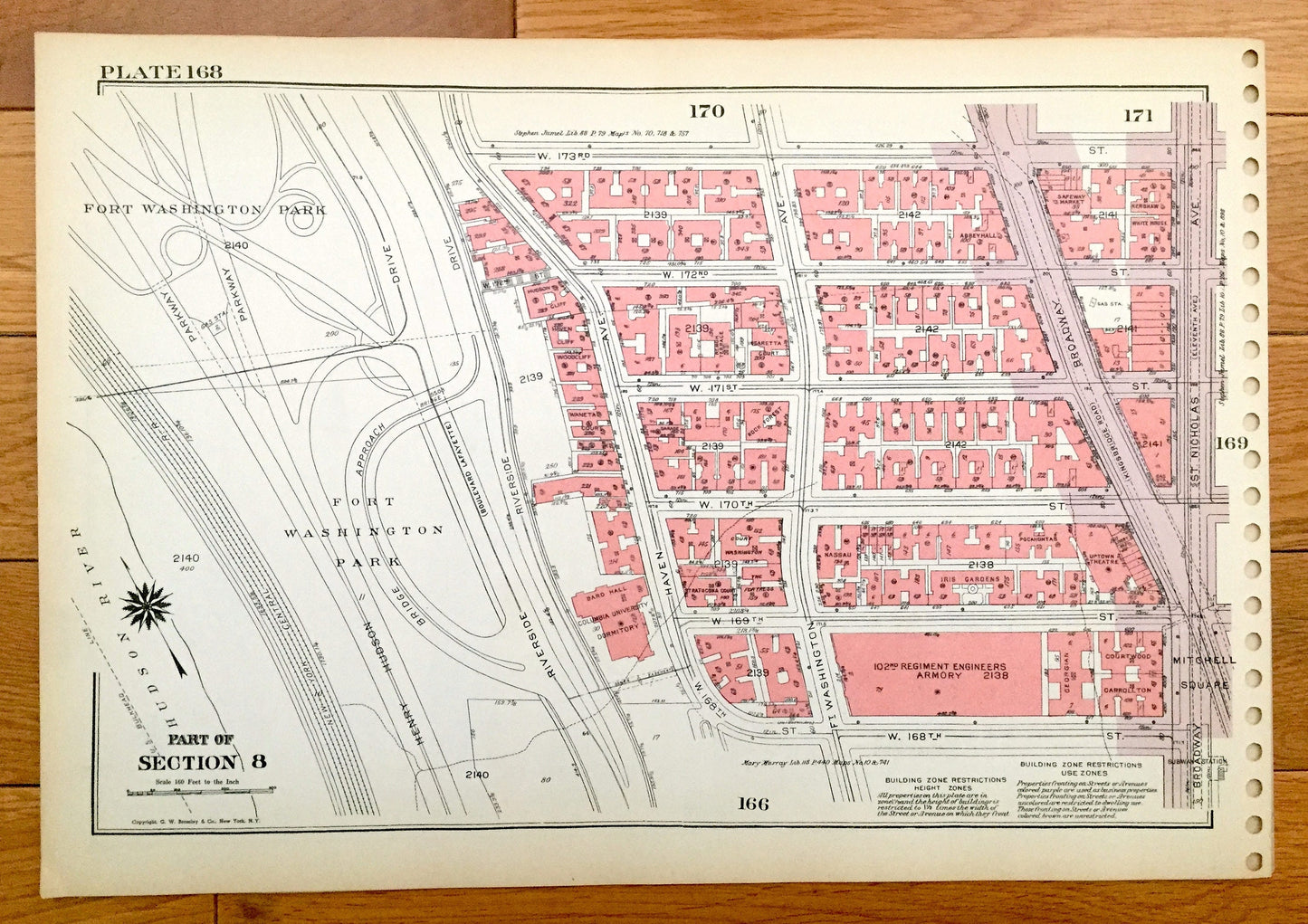 Antique Manhattan, New York City Map from Bromley's 1955 Manhattan Land Book – Highbridge Park, Fort Washington Heights, Harlem River NYC NY