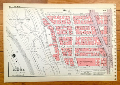 Antique Manhattan, New York City Map from Bromley's 1955 Manhattan Land Book – Highbridge Park, Fort Washington Heights, Harlem River NYC NY