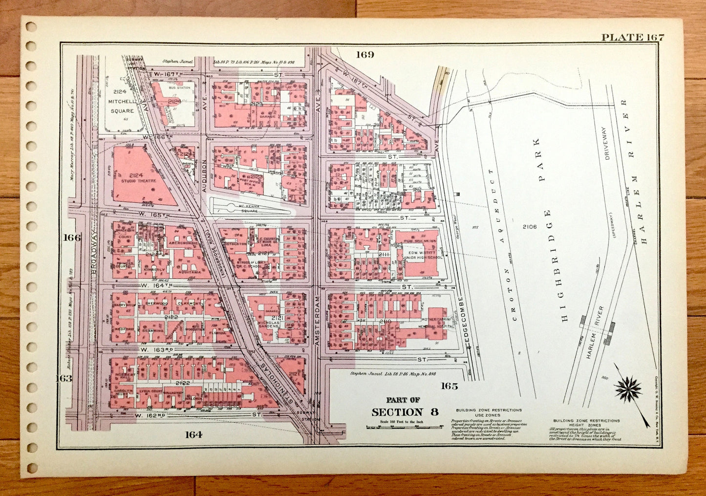 Antique Manhattan, New York City Map from Bromley's 1955 Manhattan Land Book – Highbridge Park, Fort Washington Heights, Harlem River NYC NY