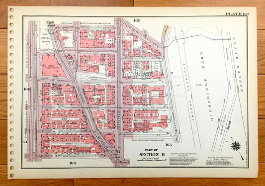 Antique Manhattan, New York City Map from Bromley's 1955 Manhattan Land Book – Highbridge Park, Fort Washington Heights, Harlem River NYC NY