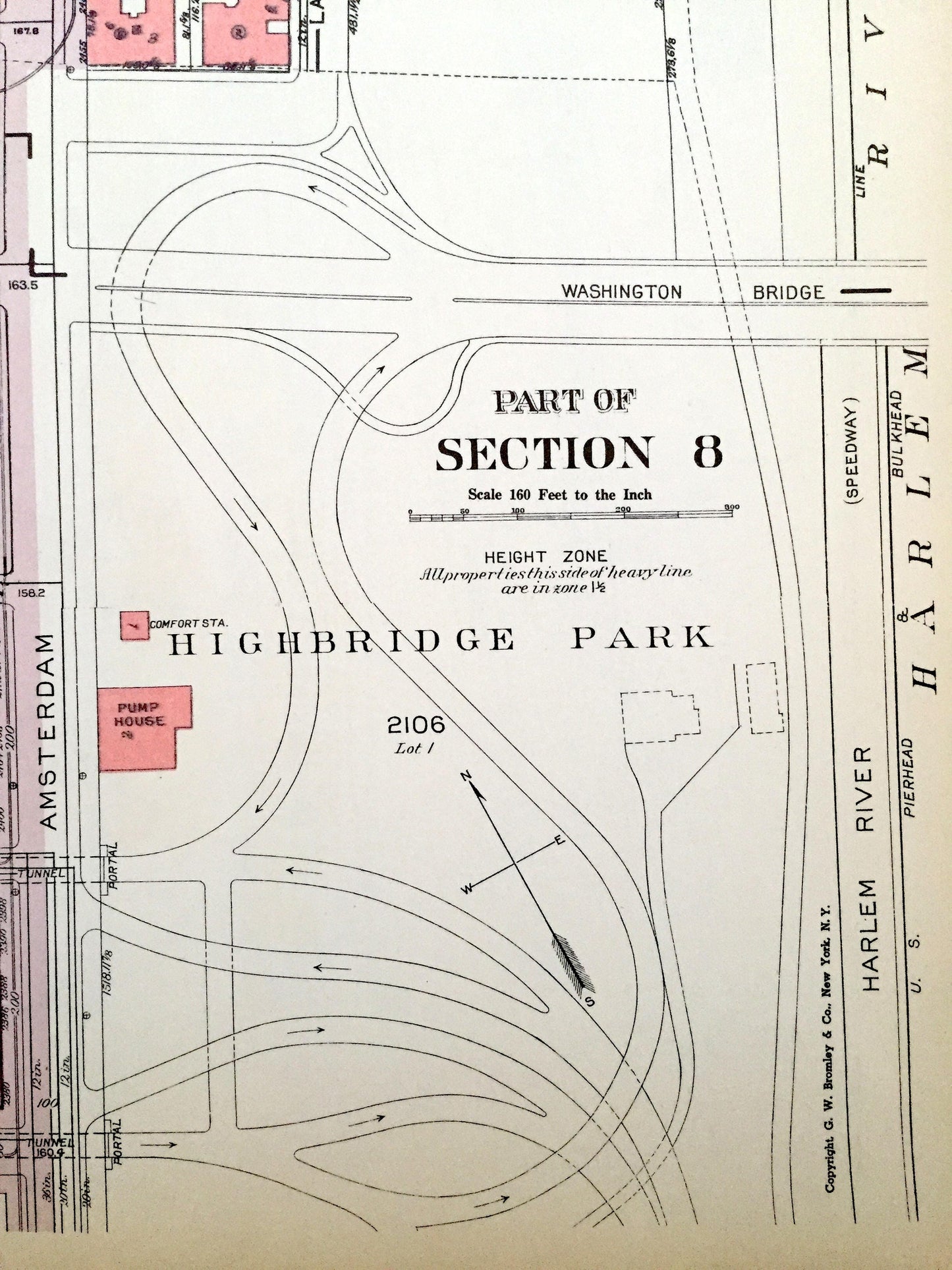 Antique Manhattan, New York City Map from Bromley's 1955 Manhattan Land Book – Hudson Heights, Fort George, Washington Park, Uptown, NYC NY