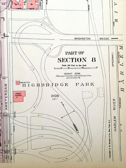 Antique Manhattan, New York City Map from Bromley's 1955 Manhattan Land Book – Hudson Heights, Fort George, Washington Park, Uptown, NYC NY