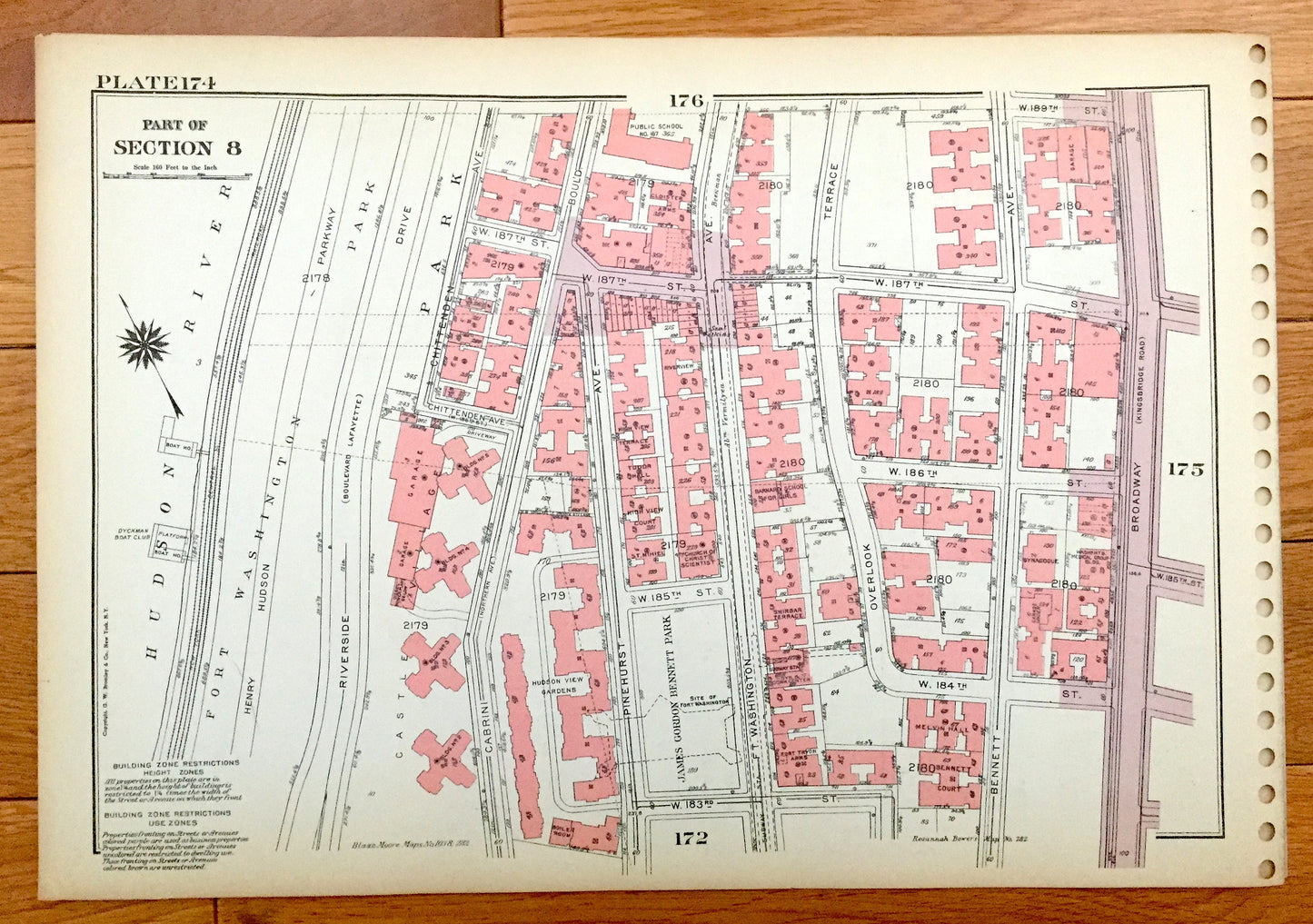 Antique Manhattan, New York City Map from Bromley's 1955 Manhattan Land Book – Hudson Heights, Fort George, Washington Park, Uptown, NYC NY