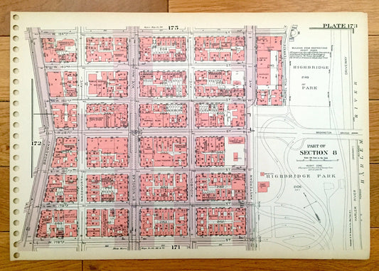 Antique Manhattan, New York City Map from Bromley's 1955 Manhattan Land Book – Hudson Heights, Fort George, Washington Park, Uptown, NYC NY
