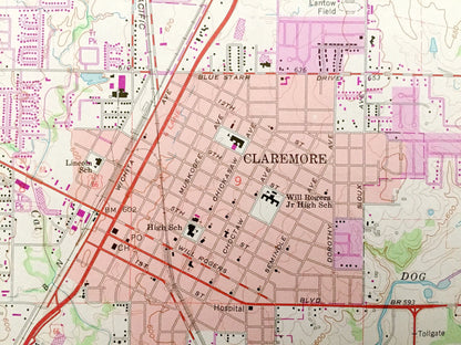 Antique Claremore, Oklahoma 1963 US Geological Survey Topographic Map – Oowala, Verdigris, Degroat, Sequoyah, Rogers County, Lake Claremore