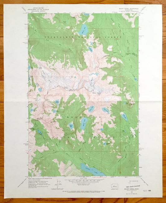 Antique Mount Daniel, Washington 1965 US Geological Survey Topographic Map – King, Kittatas County, Wenatchee, Snoqualmie National Forest WA