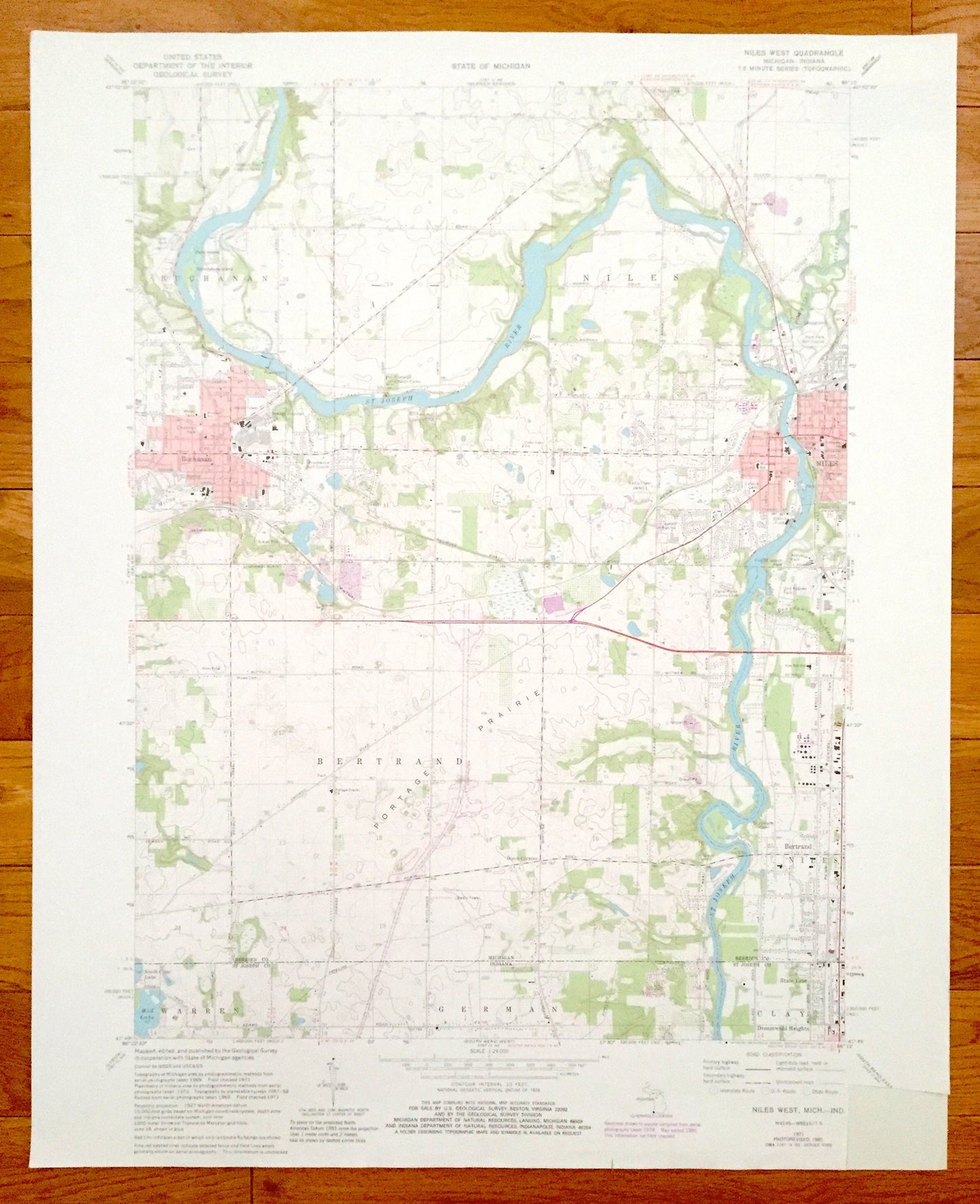 Antique Niles, Indiana 1971 US Geological Survey Topographic Map – Buchanan, Bertrand, Berrien County, St. Joseph County, Indiana, German IN