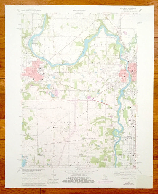 Antique Niles, Indiana 1971 US Geological Survey Topographic Map – Buchanan, Bertrand, Berrien County, St. Joseph County, Indiana, German IN