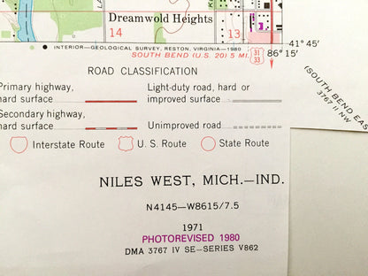 Antique Niles, Indiana 1971 US Geological Survey Topographic Map – Buchanan, Bertrand, Berrien County, St. Joseph County, Indiana, German IN