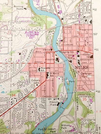 Antique Niles, Indiana 1971 US Geological Survey Topographic Map – Buchanan, Bertrand, Berrien County, St. Joseph County, Indiana, German IN