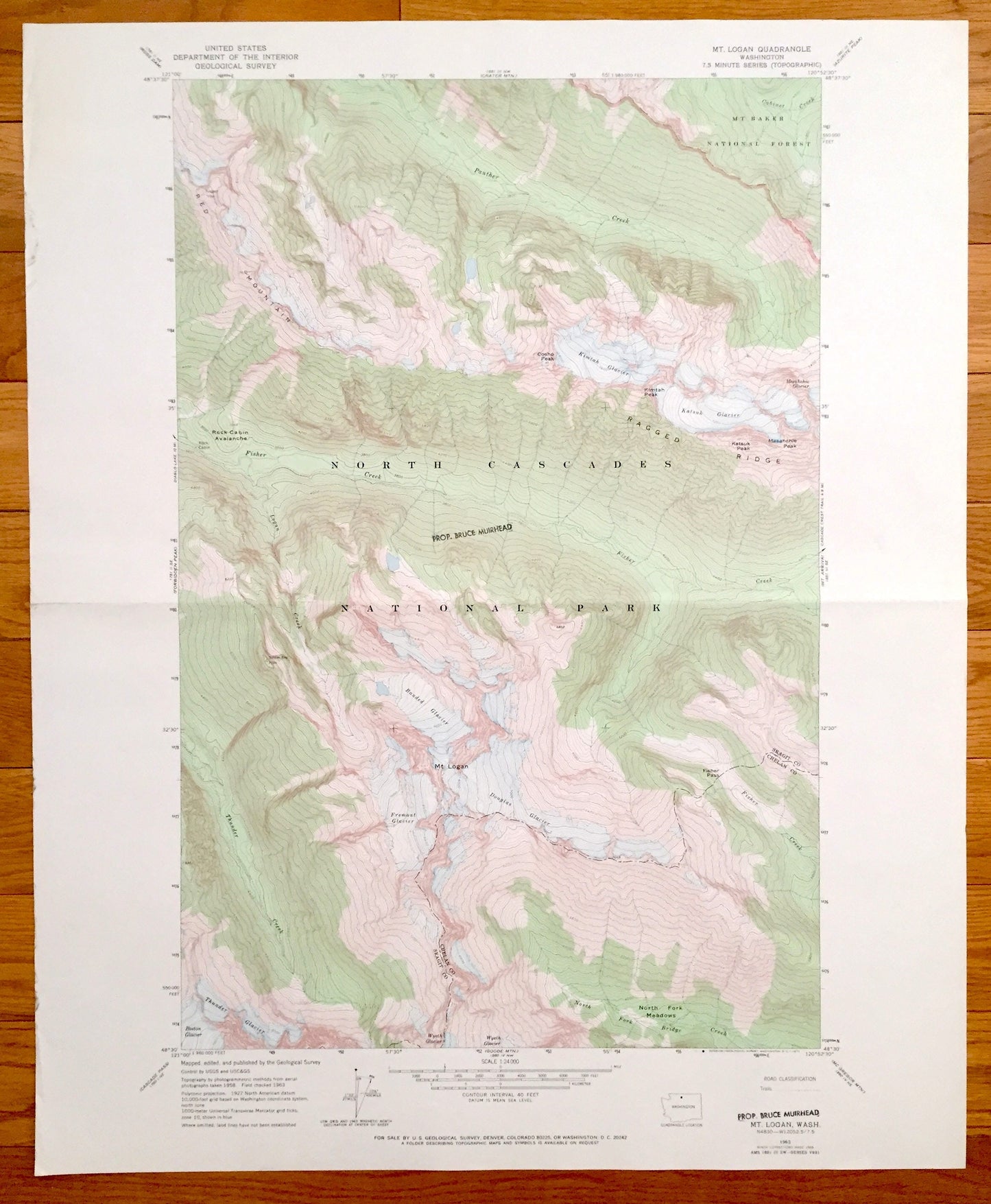 Antique Mt. Logan, Washington 1963 US Geological Survey Topographic Map – North Cascades, Mt Baker, Ragged Ridge, Red Mountain, Glaciers