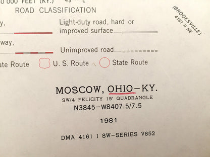Antique Moscow, Ohio & Willow Grove, Kentucky 1981 US Geological Survey Topographic Map – Washington, Johnsville, Carntown, Bradford, OH KY