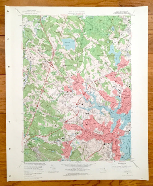 Antique Salem, Massachusetts 1956 US Geological Survey Topographic Map –  Lynn Peabody Danvers Beverly Topsfield, Wenham Boxford Ipswich MA