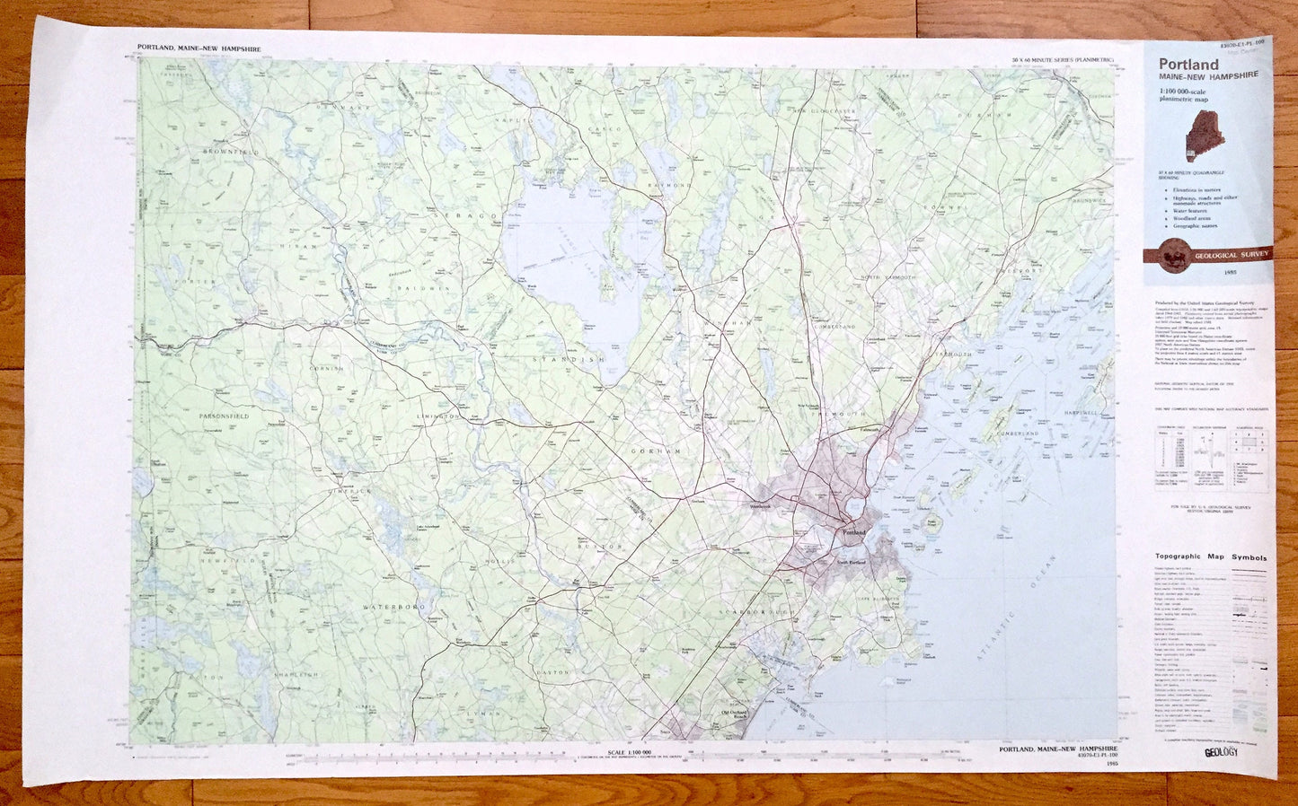 Antique Portland, Maine 1985 US Geological Survey Topographic Map – Sebago Lake, Scarborough, Falmouth, Yarmouth, Freeport, Brunswick, ME