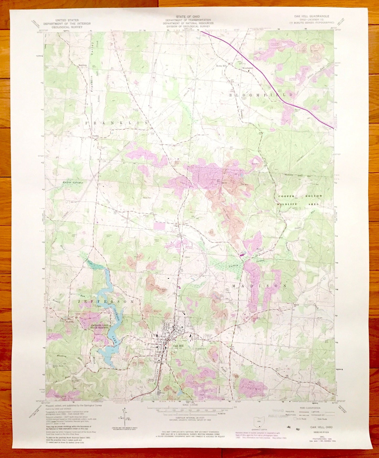 Antique Oak Hill, Ohio 1961 US Geological Survey Topographic Map – Jackson County, Franklin, Jefferson, Madison, Bloomfield, Pyro, Lake, OH
