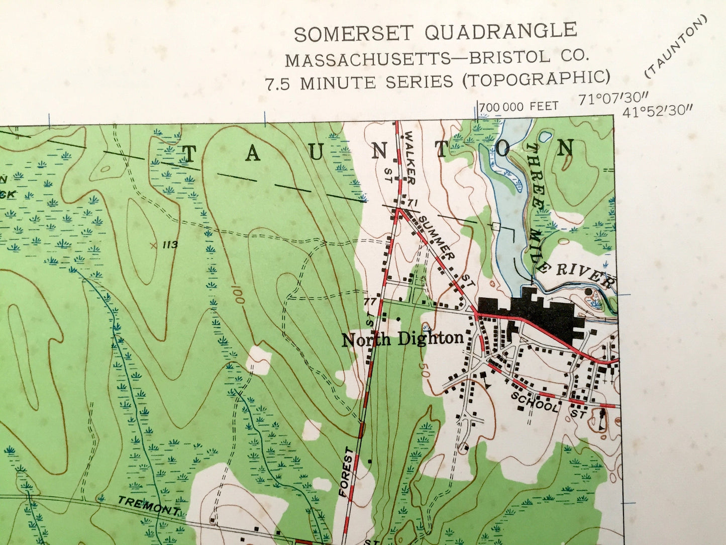Antique Somerset, Massachusetts 1943 US Geological Survey Topographic Map – Dighton, Pottersville, Rehoboth, Manwhage, Bristol County